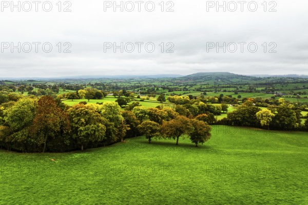 Autumn colours over Wales Farms and Fields from a drone, Grosmont, Abergavenny, Monmouthshire, Wales, UK