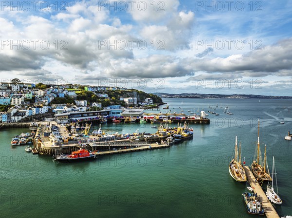 Brixham Hourbour and Brixham Marina from a drone, Brixham, Torbay, Devon, England, United Kingdom