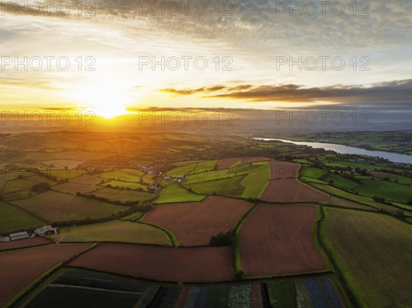 Colours of autumn Fields and Farms over Sheldon from a drone, Torbay, Devon, England, United Kingdom