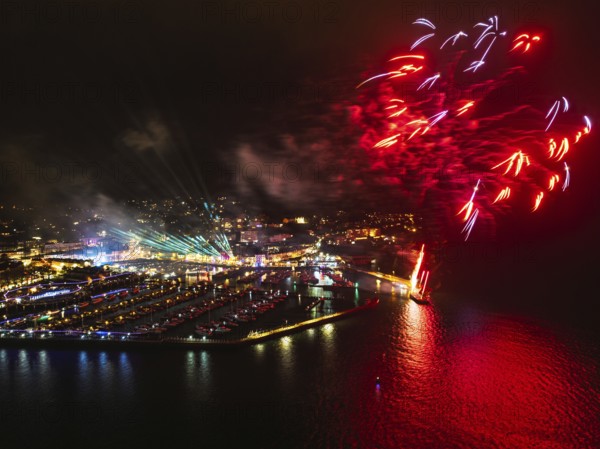 Bay of Lights Illumination Trail Fireworks over Torquay Horbour from a drone, Torbay, Devon, England, United Kingdom