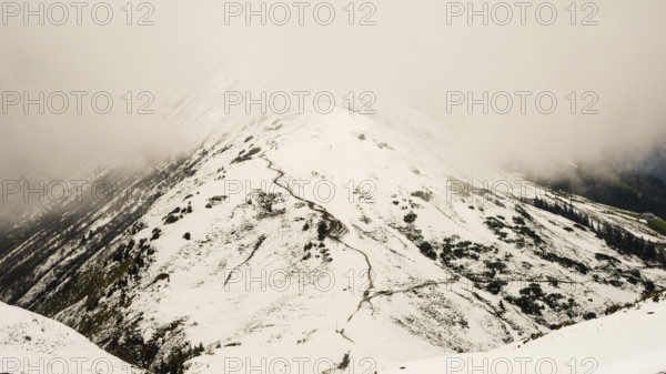Another onset of winter in May, hiking trail from the Kanzelwandbahn mountain station to the Fellhorn, Allgäu Alps, Bavaria, Germany