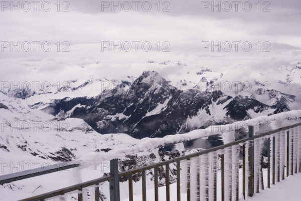 Another onset of winter in May, panorama from the summit station of the Nebelhorn, 2224m, to Höfats, 2259m, Allgäu Alps, Allgäu, Bavaria, Germany