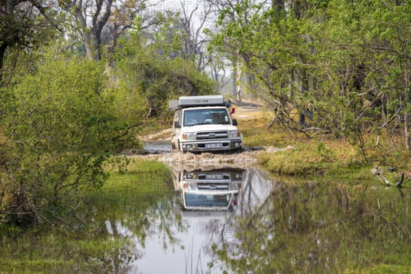 Safari car, off-road car driving through a river, Xakanaxa, Moremi Game Reserve, Botswana