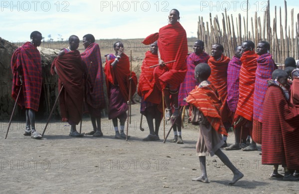 Maasai men showing traditional jumps, Ngorongoro Crater, Tanzania, Africa, June 2000, vintage, retro, old, historic
