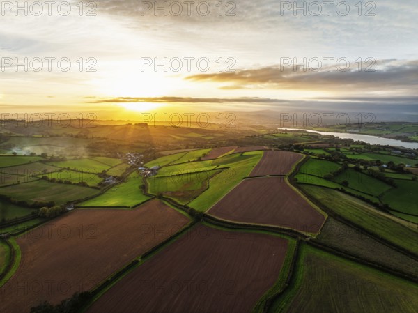 Colours of autumn Fields and Farms over Sheldon from a drone, Torbay, Devon, England, United Kingdom