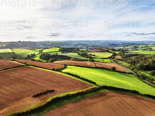 Colours of Devon Farms and Fields over Paignton and Berry Pomeroy from a drone, Totnes, England, United Kingdom