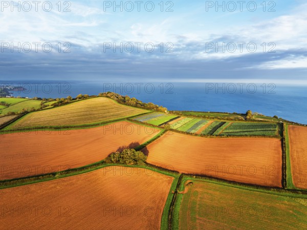Colours of autumn Fields and Farms over Sheldon from a drone, Torbay, Devon, England, United Kingdom