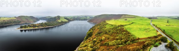 Autumn colours over Llyn Clywedog and Clywedog Reservoir from a drone, Llanidloes, Wales, UK