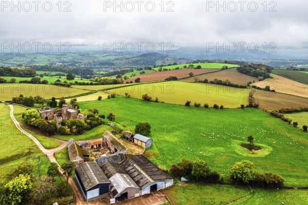 Autumn Colours over ruins of Pembridge Castle or Newland Castle from a drone, Herefordshire, England, United Kingdom