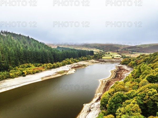Pen y Garreg Dam and Reservoir from a drone, Elan Valley, Rhayader, Powys, Wales, UK