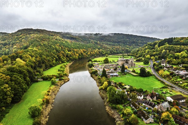 Autumn over Wye Valley and River Wye from a drone, Tintern, Chepstow, Monmouthshire, Wales, UK