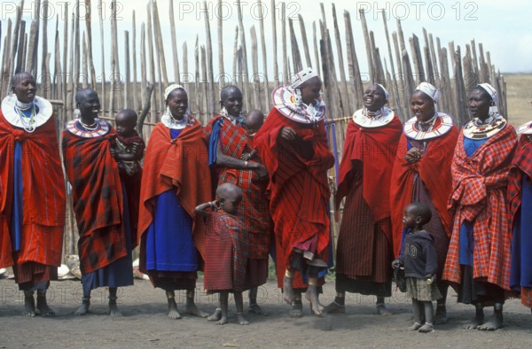 Maasai woman with small children in their village in the Ngorongoro Crater, Tanzania, June 2000, vintage, retro, old, historic