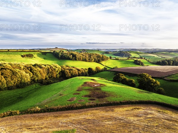 Colours of Devon Farms and Fields over Berry Pomeroy from a drone, Totnes, England, United Kingdom