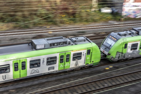 S-Bahn train on the route east, in front of Essen main station, regional transport in North Rhine-Westphalia, Germany