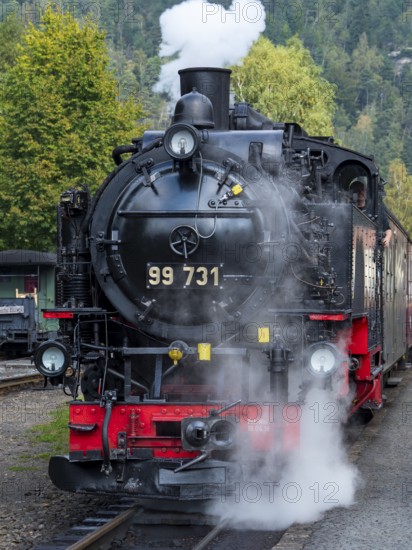 Old steam train in Oybin train station, Zittau Mountains, Saxony, Germany