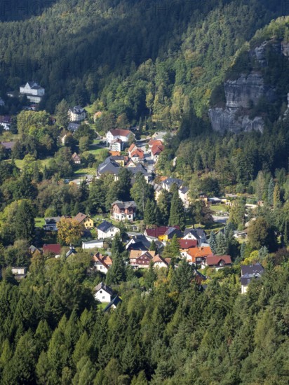 Mountain landscape with forest, rocks and village, view of Oybin, Zittau Mountains, Saxony, Germany