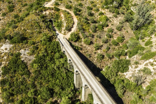 Cycle path Via Verde de la Sierra, Puerto Serrano to Olvera, old railroad track, cycle path on bridge, tunnel, near village Coripe, Andalusia, Spain