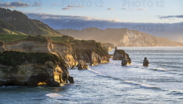 The Three Sisters and Elephant Rock formations, sea, evening, golden hour. Taranaki Region, North Island, New Zealand