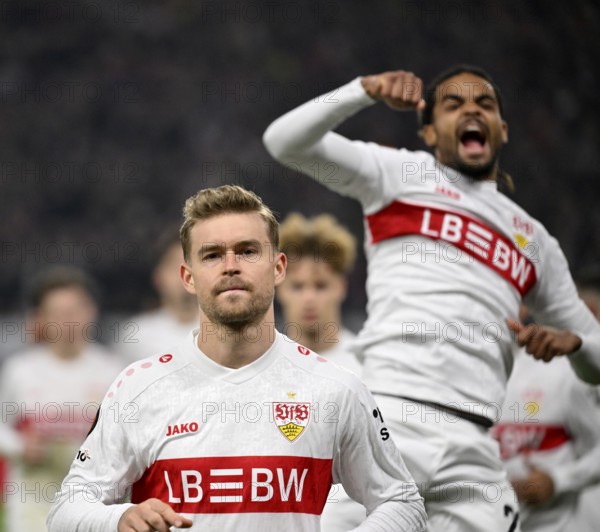 Goal celebration Maximilian Mittelstädt VfB Stuttgart (07) Lorenz Assignon VfB Stuttgart (22) Europa League, MHPArena, MHP Arena Stuttgart, Baden-Württemberg, Germany