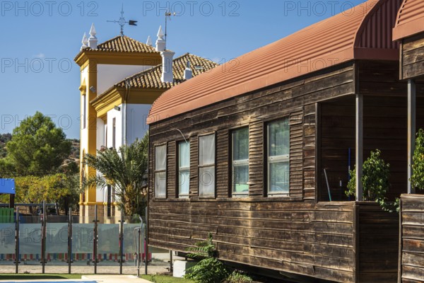 Former train station at village Olvera, now used for tourism, cafe and lodging, cycle path Via Verde de la Sierra, Puerto Serrano to Olvera, old railroad track, Andalusia, Spain