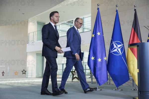Mark Rutte (Secretary General of NATO) and Friedrich Merz (Chancellor of the Federal Republic of Germany, CDU) at a press conference after a one-on-one meeting in the Federal Chancellery, Berlin, 11 December 2025