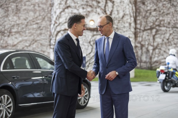 Mark Rutte (Secretary General of NATO) and Friedrich Merz (Chancellor of the Federal Republic of Germany, CDU) greeting each other in front of a joint one-on-one meeting at the Federal Chancellery, Berlin, 11 December 2025