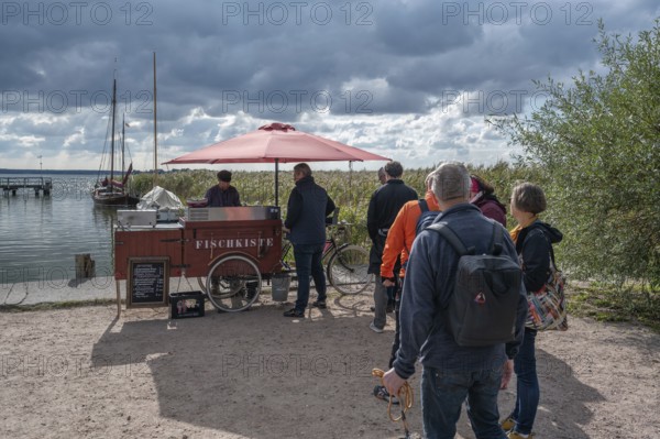 People queue at a fish stand for a fish sandwich, in the port of Wustow, Mecklenburg-Western Pomerania, Germany