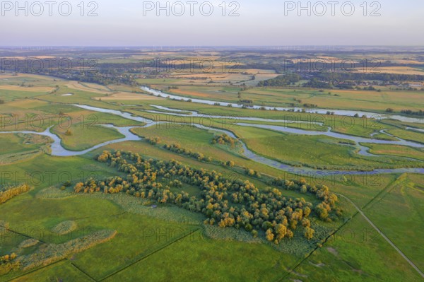 Aerial view over the Oder river in the German-Polish nature reserve Lower Oder Valley International Park, Uckermark district, Brandenburg, Germany