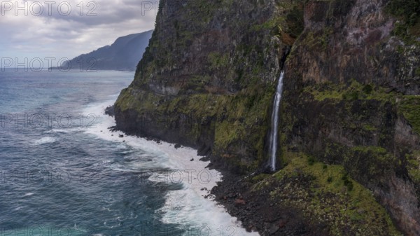 Waterfall flows into the sea, Miradouro do Véu da Noiva, Madeira, Portugal
