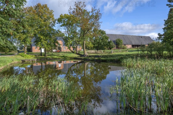 Historic horse stable and barn with pond, 1923, at the Othenstorf estate, Othenstorf, Mecklenburg-Western Pomerania, Germany