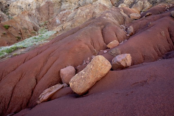 Volcanic soil, colorful soil, red, erosion, near Miradouro da Ponta do Rosto, Madeira, Portugal
