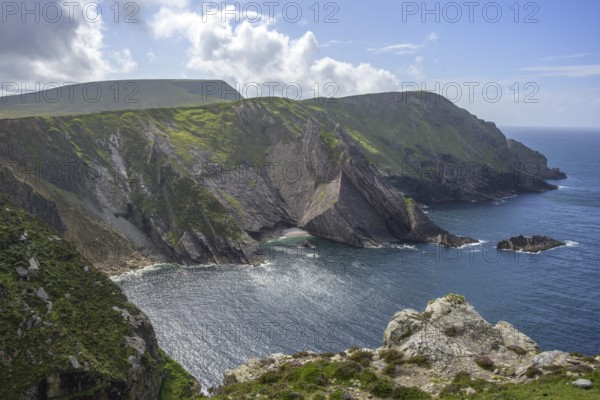 View of blue sea and cliffs from Portacloy Loop Cliff Walk, Muingnabo, County Mayo, Ireland