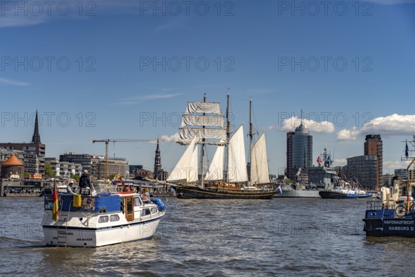 Incoming parade of ships and sailboats at Hafengeburtstag Hamburg 2025 in the Free Hanseatic City of Hamburg, Germany