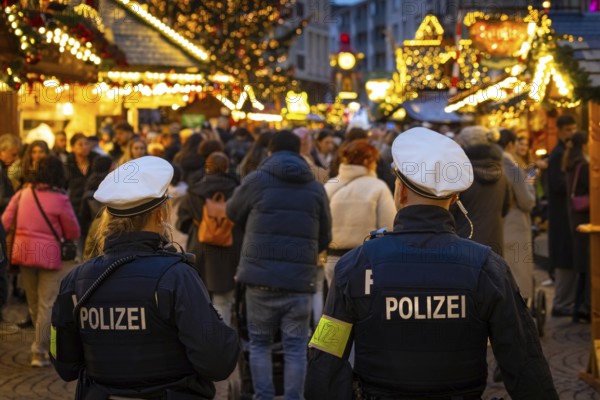 Two policemen patrol the Frankfurt Christmas market, Römerberg, Frankfurt am Main, Hesse, Germany