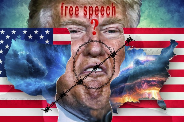 Symbolic image, freedom of speech according to Trump's liking, autocracy, dismantling of the rule of law, US democracy in danger, EU and Germany under political pressure, industry, Donald Trump, tariff threats, Elon Musk, Mark Zuckerberg, social networks, fake news, rights broken, hate, DSG Digital Services Act, reelection, USA, politics, announcements, revenge campaign, wanted dictator, republican, electoral system USA, global threat, lies, 2nd term, global burden, Ukrainian war, White House storm