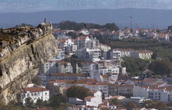View from Leuct Tower towards orange tiled roofs in the town of Nazare, Estremadura, Portugal