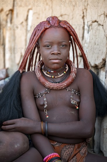 Portrait, Himba woman, traditional Himba village, Kaokoveld, Kunene, Namibia