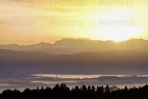 View from Horben of Lake Zug with the city of Cham and Zug covered in fog, behind it the snow-capped mountains Flübrig and Vrenelisgärtli in the light of the rising sun, Beinwil-Freiamt, Canton, Aargau, Switzerland