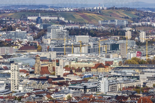 View from Santiago de Chile Square of the city center of the state capital Stuttgart with buildings, architecture and sights. Stuttgart, Baden-Württemberg, Germany