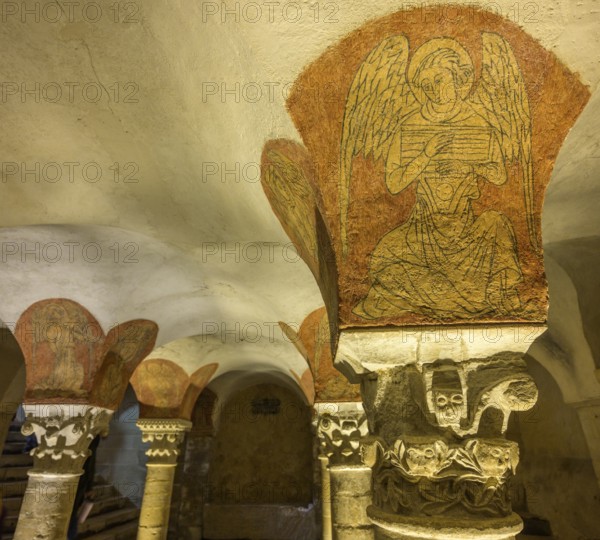 Romanesque cross vault with Corinthian capitals in the cathedral crypt, Bayeux, Calvados department, France