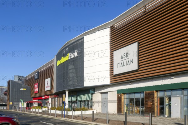 Chain restaurants modern leisure development buildings, Cardinal Park, Ipswich town centre, Suffolk, England, UK