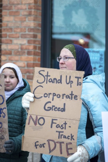 Saline, Michigan USA - 1 December 2025 - Rural Michigan residents rally against the $7 billion Stargate data center planned on southeast Michigan farm land. Protesters say the Data Center is being fast tracked by DTE Energy, the large electric utility, and that it could raise residential electricity rates and endanger the water supply