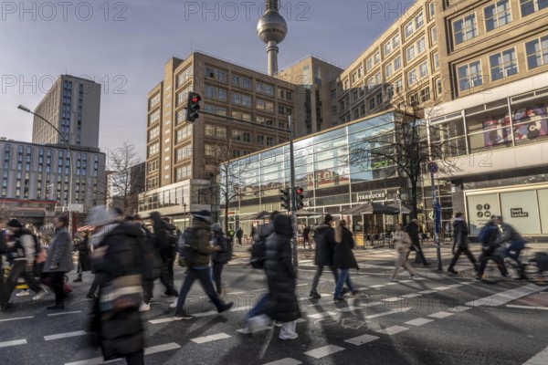 Passers-by on a Grunerstraße pedestrian crossing near Alexander Platz, Berlin Radio Tower, Berlin, Germany