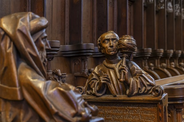 The choir stalls in Ulm Minster by Jörg Syrlin the Younger with impressive carvings. interior view. Ulm Münster, Gothic religious building in the Baden-Württemberg city of Ulm and parish church of the Protestant community. The 161, 53 meter high main tower, completed in 1890, was the highest church tower in the world for around 135 years. Ulm, Baden-Württemberg, Germany