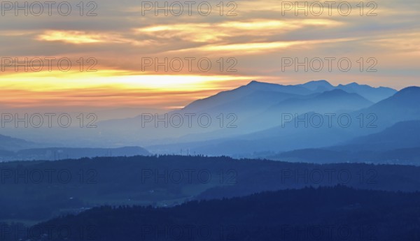 View of the Jura foothills from the Gisliflue, in the light of the setting sun, Talheim, Canton, Aargau, Switzerland