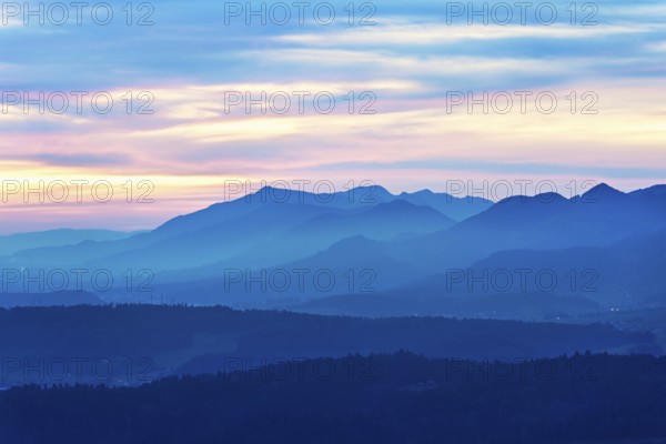 View of the Jura foothills from the Gisliflue, in the light of dusk, Talheim, Canton, Aargau, Switzerland