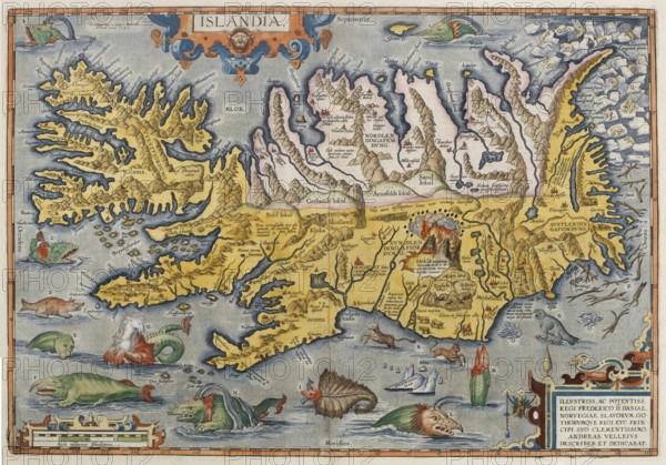 One of the most famous Iceland maps from the Renaissance, Islandia, hand-colored copper engraving by Abraham Ortelius with sea monsters, Hella volcano and polar bears in drift ice, from Theatrum Orbis Terrarum, 1585