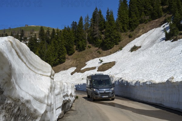A van drives through a snowy road gorge surrounded by conifers, camper near Goderdzi on the way to the Goderdzi Pass, Ajara region, Adjara, autonomous republic, Georgia