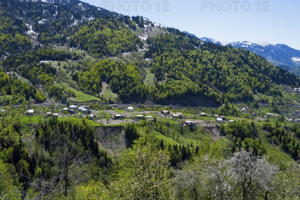 Dense forests on mountains with a small village away from the hustle and bustle, village in the Lesser Caucasus on the way to the Goderdzi Pass, Ajara region, Adjara, autonomous republic, Georgia