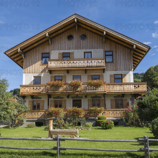Typical Bavarian house, wooden gables and balconies, Schliersee, Upper Bavaria, Bavaria, Germany